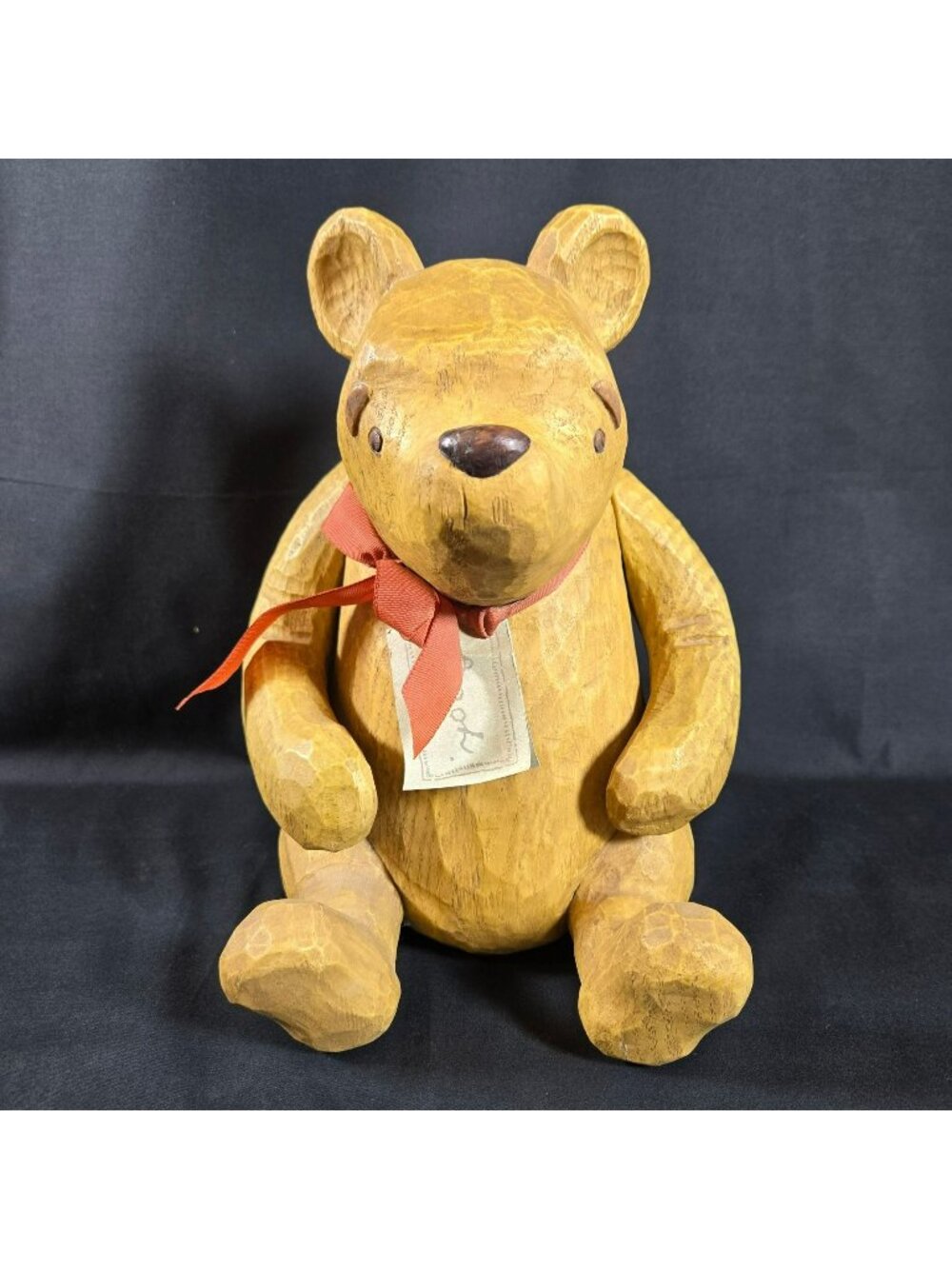 Disney Charpente Folk Art Winnie The Pooh Wood-Look 10.5" Figurine Red Ribbon